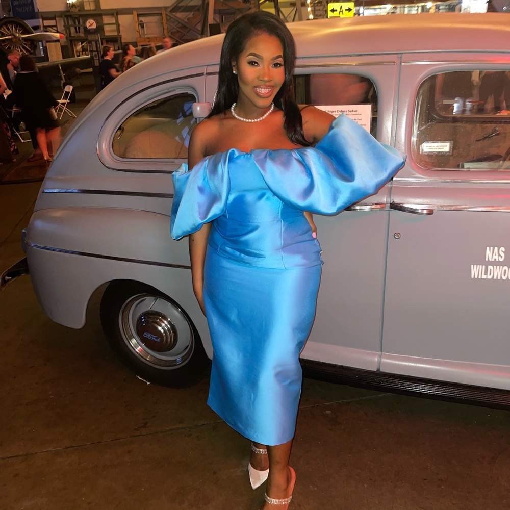 Baby Blue Balloon Sleeve off the shoulder dress - Size 12
